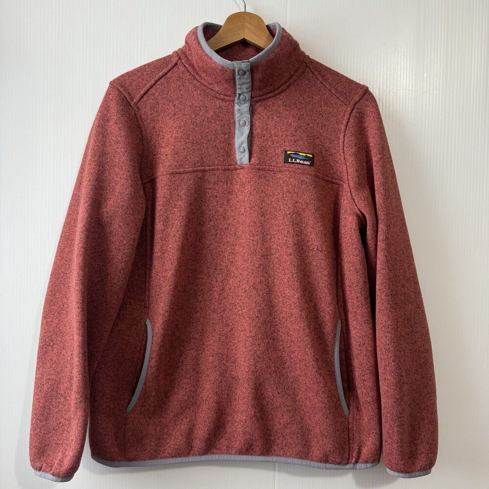 LL Bean Sweater Fleece Pullover Womens L Petite Orange Snap Neck